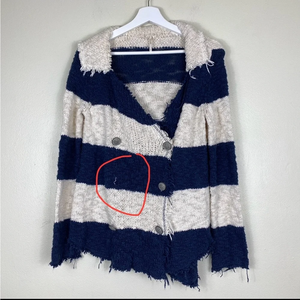 Free People Blue and Cream Stripe Coat of Arms Jacket Cardigan‎ Size S